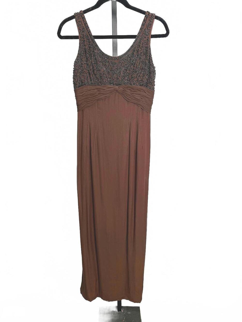 50s Brown Sleeveless Maxi Dress with Pleated Skirt Cocktail Prom Formal Beaded